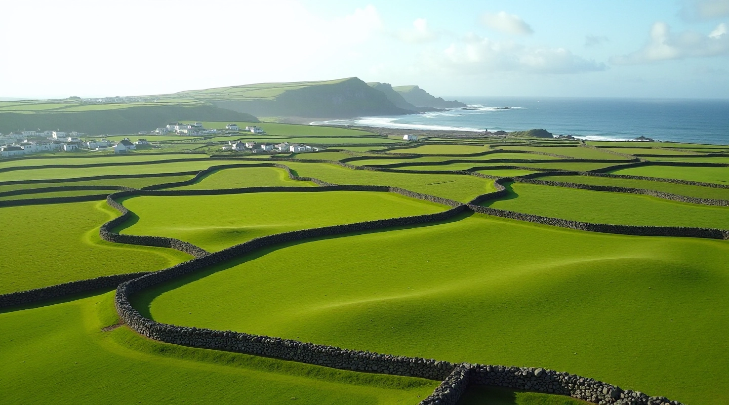 Scenic view of Inis Mór island landscape with winding paths and green fields
