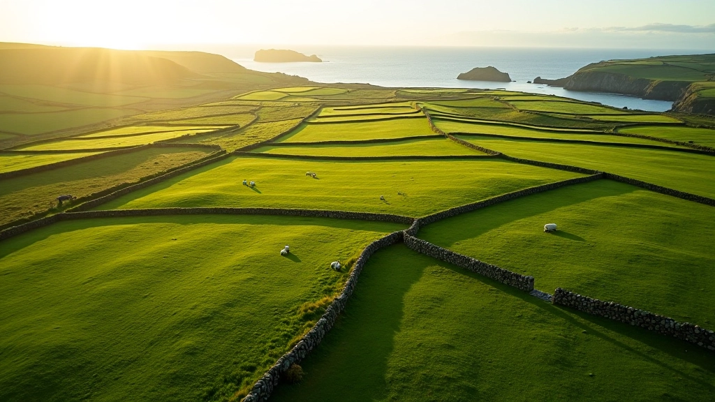 Aerial view of Aran Islands landscape with green fields and stone walls