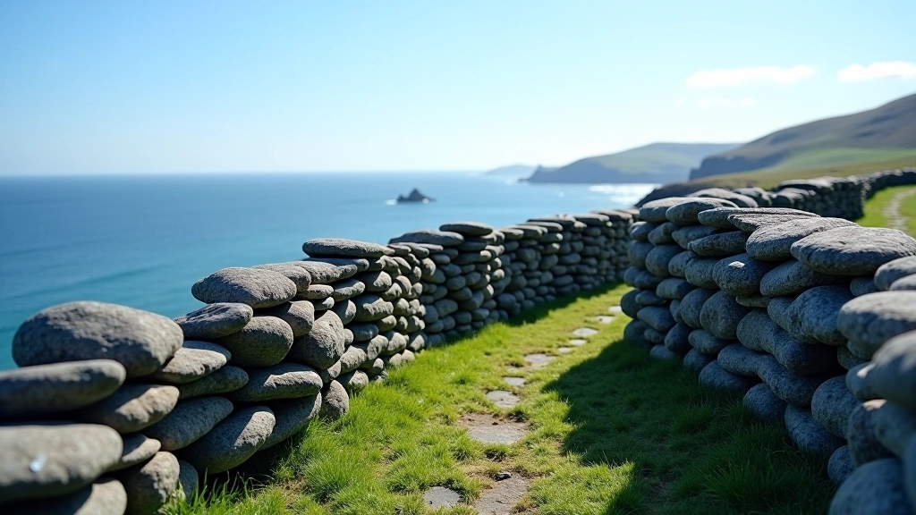 Tall dry stone fort walls with perfectly fitted stones, blue sky above, island landscape stretching to horizon