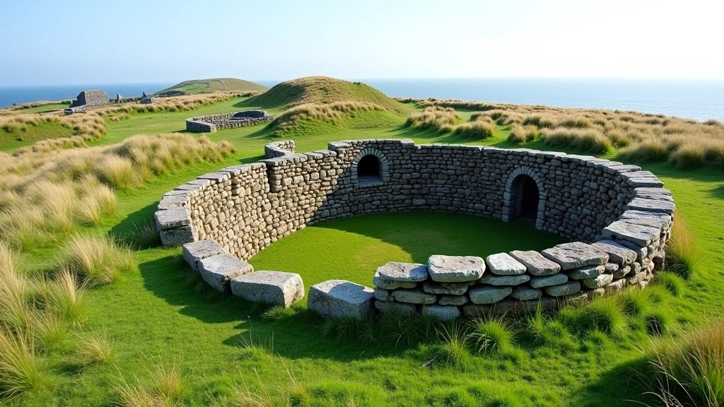 Ancient stone fort structure Dún Dúchathair on hilltop with grassy surroundings