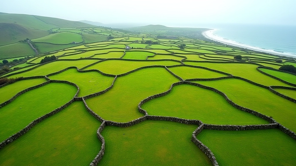 Aerial view of Inis Mór landscape showing intersecting dry stone walls creating field patterns across green hillsides