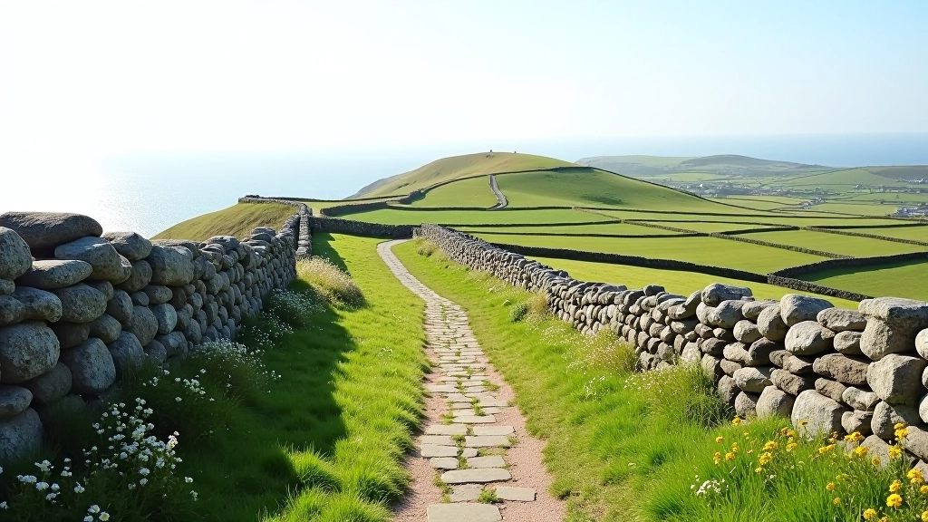 Coastal path with weathered stone walls and wildflowers, morning light, traditional Irish landscape