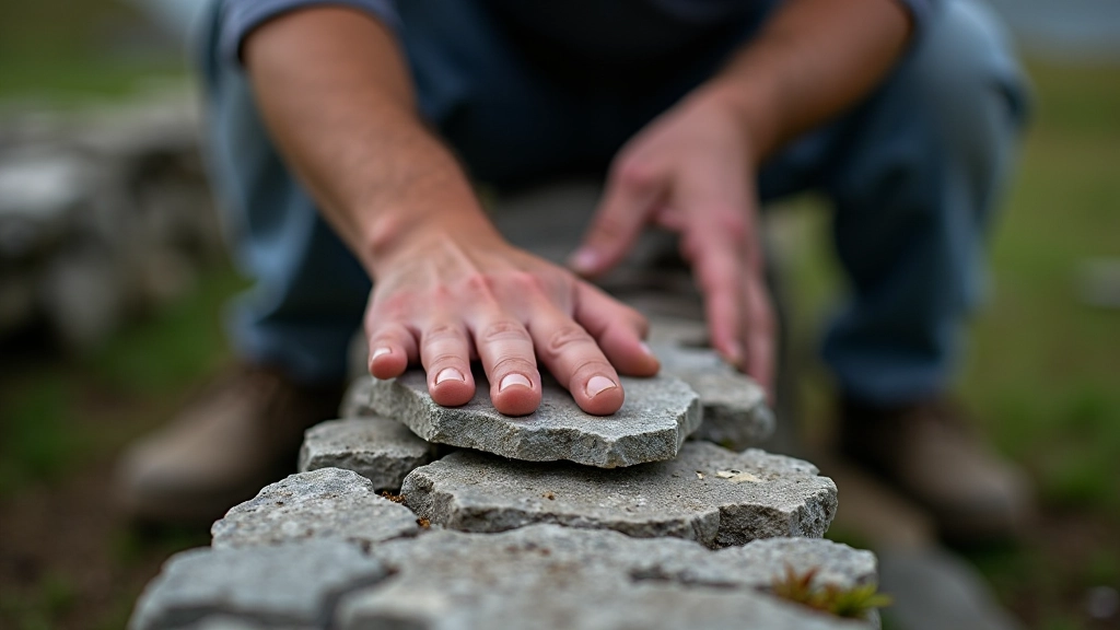 Skilled stonemason working on dry stone wall repair, hands placing stone carefully, traditional technique