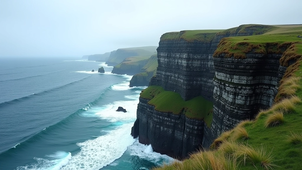 Dramatic clifftop view of Atlantic Ocean with waves crashing below, Inis Mór coastline