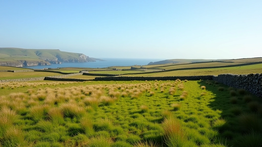 Rural Aran Islands field with traditional farming structures and stone walls under clear sky