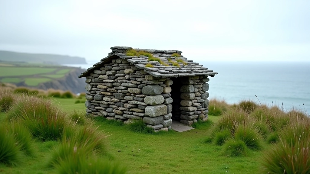 Stone shelter structure on windswept hillside, rest area overlooking ocean cliffs