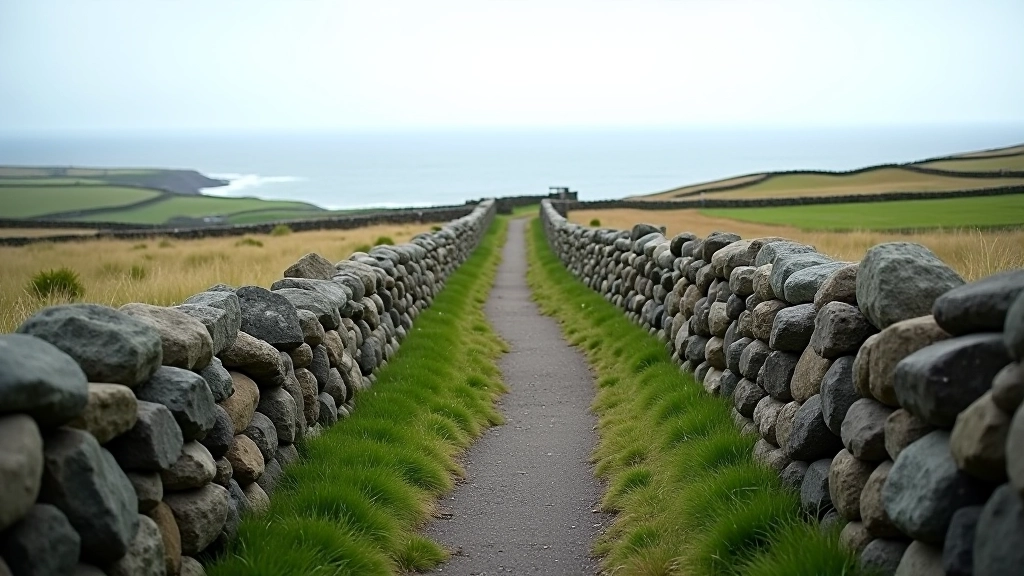Stone walls lining narrow walking path across open island landscape with Atlantic Ocean visible in distance