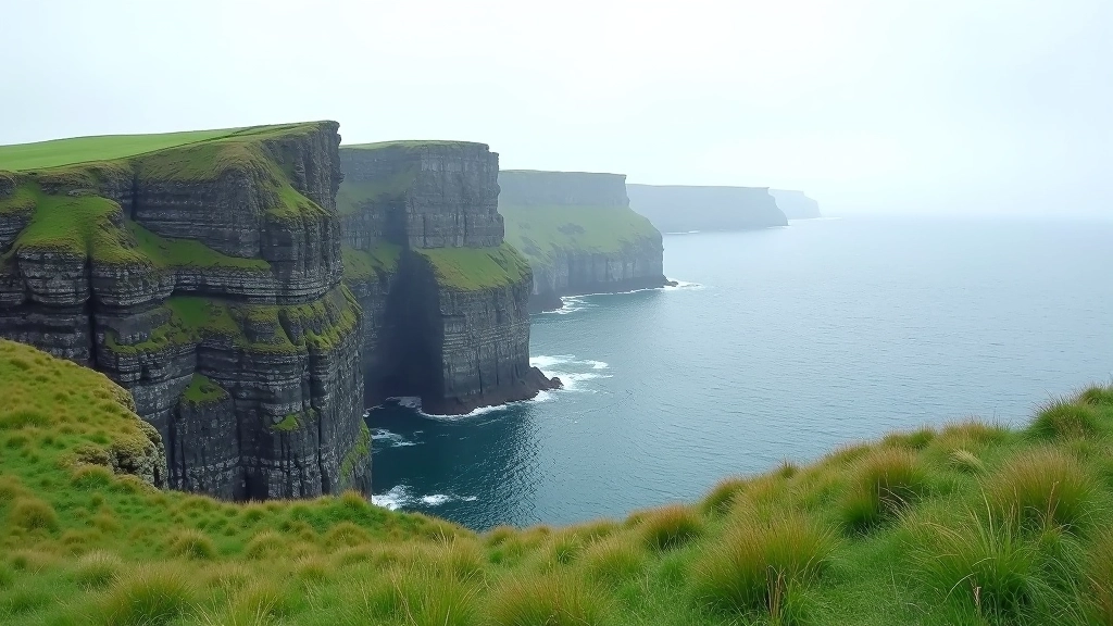 Wide panoramic view of Aran Islands coastline with steep cliff faces meeting the Atlantic Ocean, grassy slopes in foreground