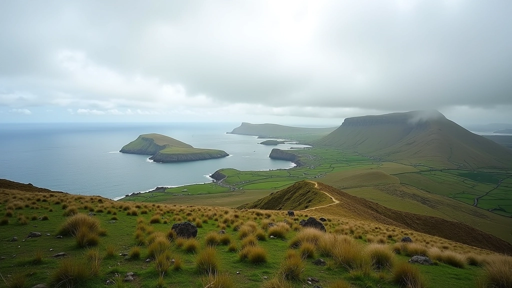 Panoramic view from fort hilltop showing three Aran Islands, ocean, and distant Connemara coastline under dramatic light