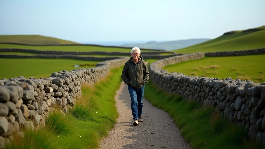 Person walking on rural path with stone walls and green fields in Aran Islands, natural landscape