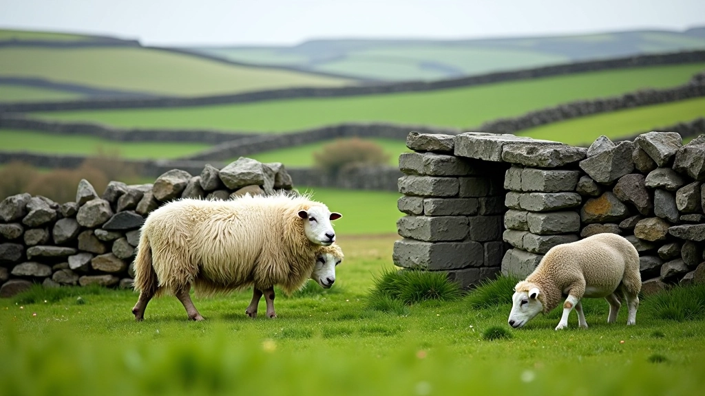 Sheep resting near traditional stone sheep fold structure in grassy field