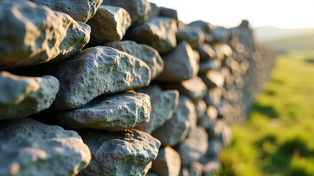 Close-up detail of traditional dry stone wall construction showing stacked limestone rocks fitted without mortar