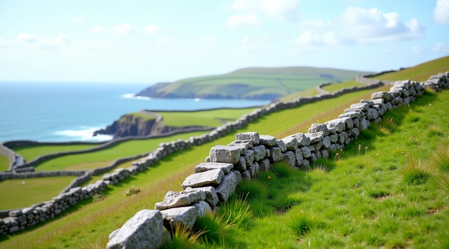 Dry stone wall running across green Aran Islands hillside with ocean visible in distance