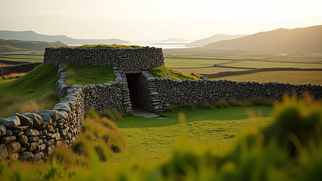 Traditional stone sheep fold with dry stone walls in rural Aran Islands landscape, grassy meadows surrounding