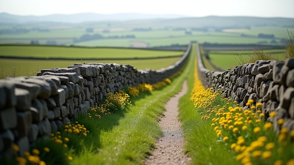 Scenic path between two dry stone walls with wildflowers growing along the edges and green fields beyond