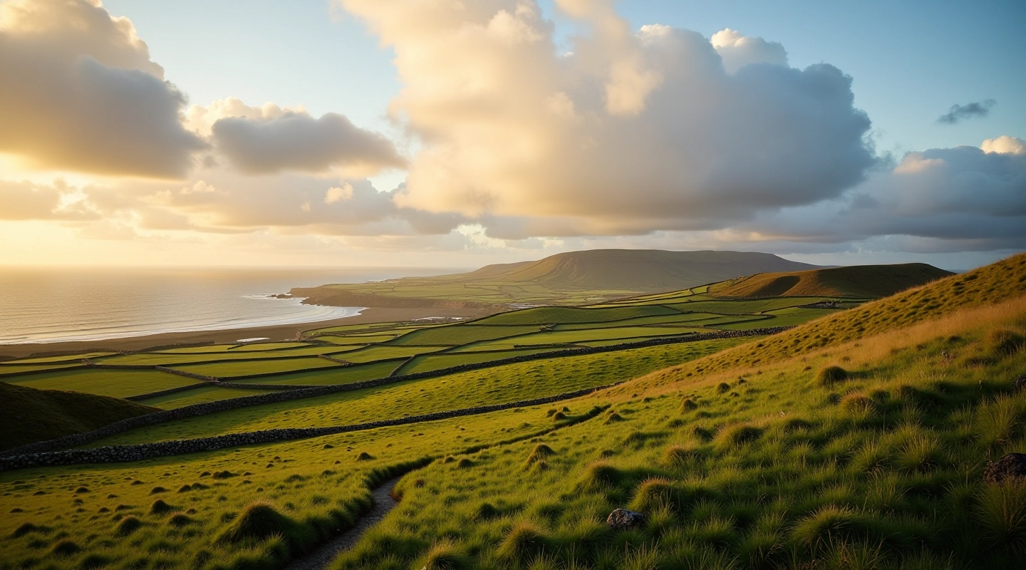 Scenic view of Aran Islands landscape with green fields and Atlantic coastline