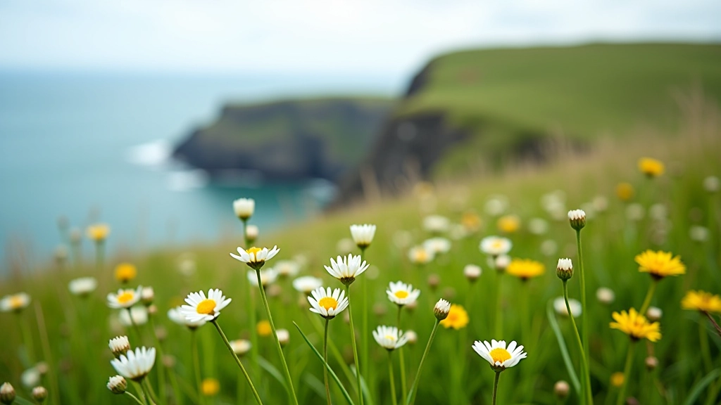 Coastal wildflowers blooming on cliff edge grassland, spring season with soft light