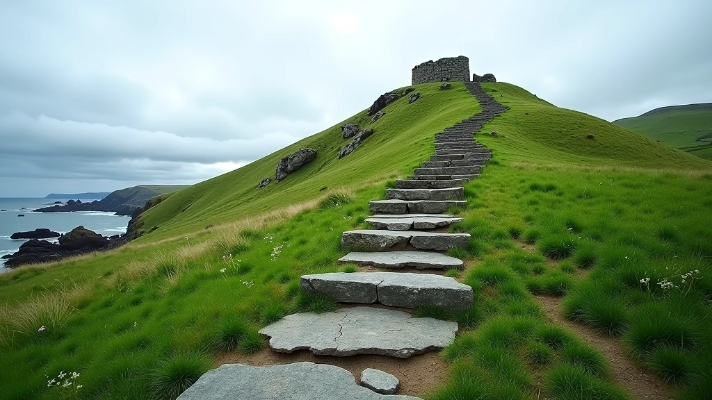 Winding stone path leading uphill toward ancient fort ruins with green fields on both sides