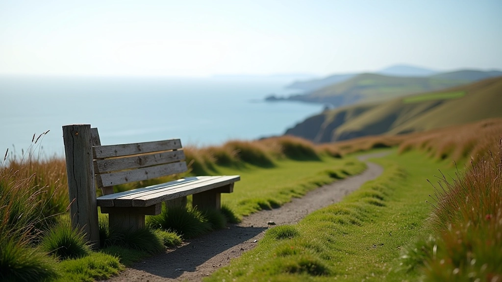Wooden bench with view, placed along hillside path overlooking landscape and distant ocean